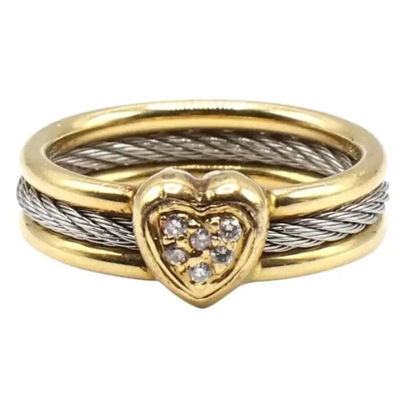Philippe Charriol 18 Karat and Stainless Steel Heart Cluster Diamond Cable Ring - Picture 1 of 4